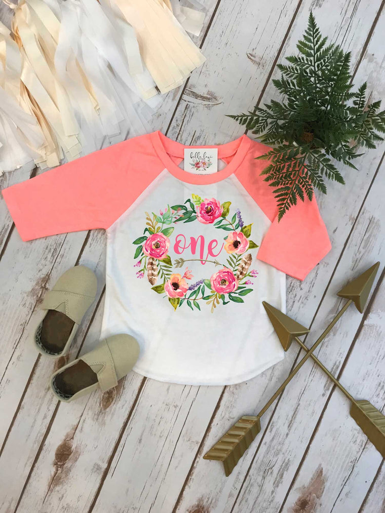 First Birthday Shirt, Floral Wreath One, Baby Birthday shirt, Floral Birthday, Personalized Birthday, Birthday girl, Boho Birthday, PEACH,