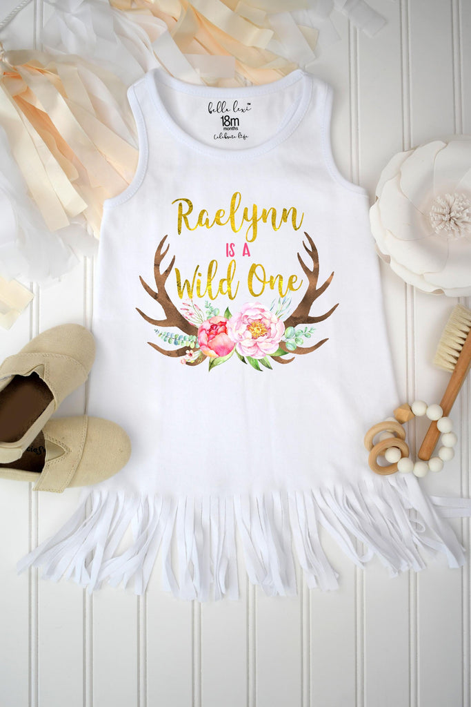 First Birthday, Wild One, Girl Birthday Dress, Personalized Birthday, 1st Birthday,Fringe Birthday Dress, Floral Deer Birthday,Girl Birthday