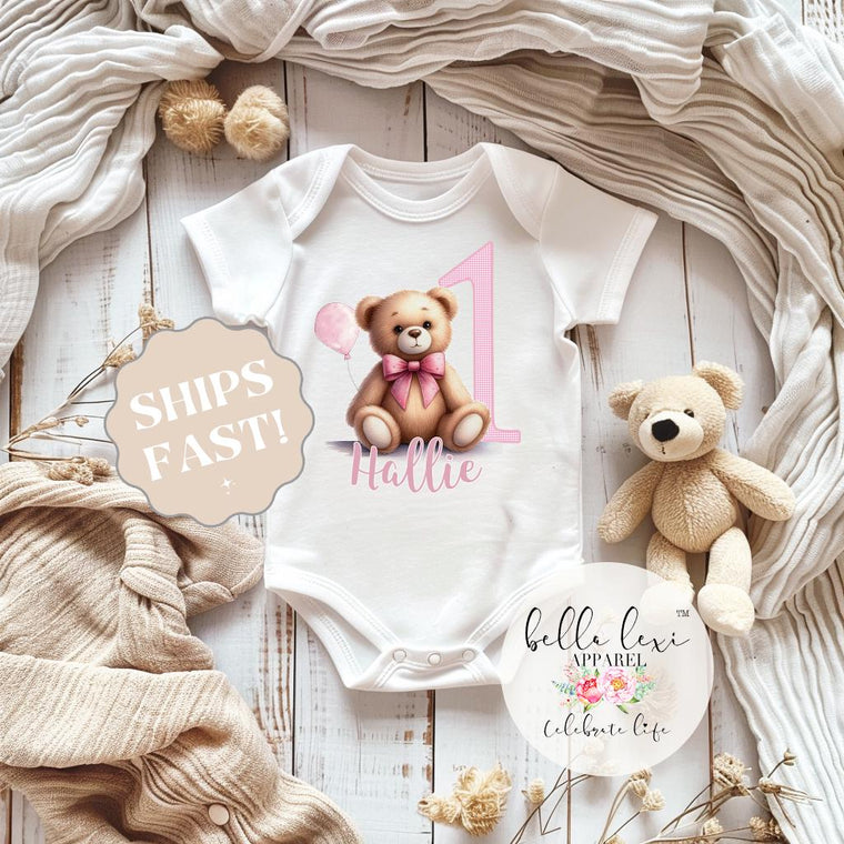 First Birthday Onesie®, Personalized Teddy Bear Birthday Onesie, Baby Girl First Birthday Outfit, Custom Name Bodysuit, Bear Birthday Gift