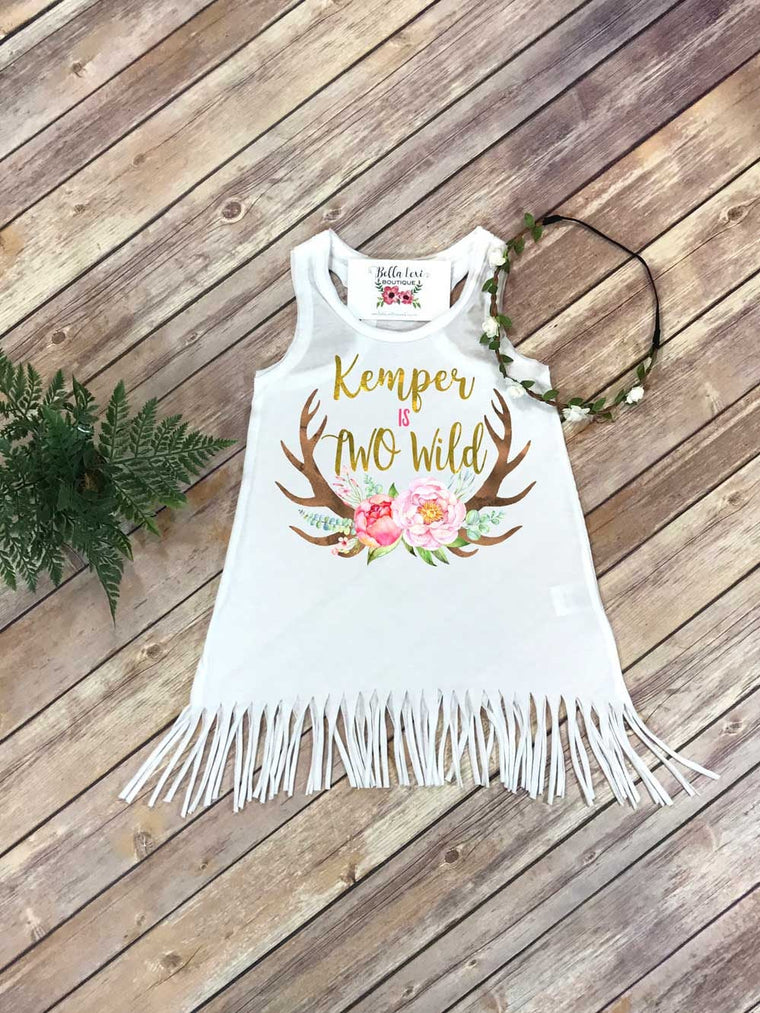 Two Wild, Girl Birthday Dress, Personalized Birthday, 2nd Birthday, Fringe Birthday Dress, Boho Birthday, Girl Birthday Set, Deer Birthday,