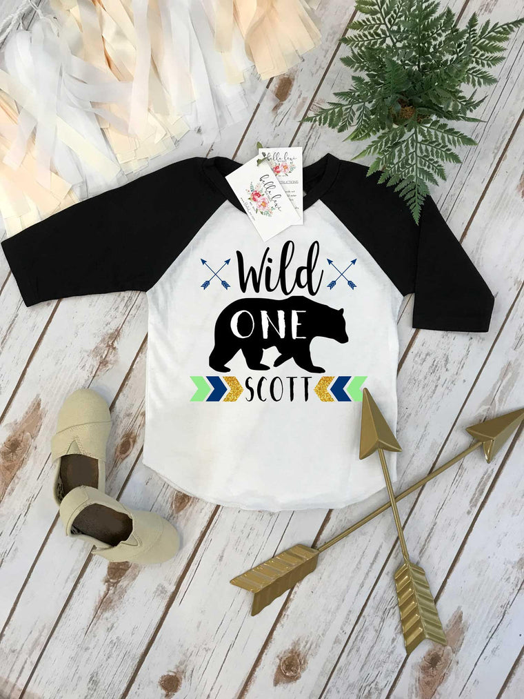 First Birthday Shirt, WILD ONE Birthday, 1st Birthday shirt, Woodland Bear Party, Woodland Party, Woodland Party Set, Chevron and Arrows