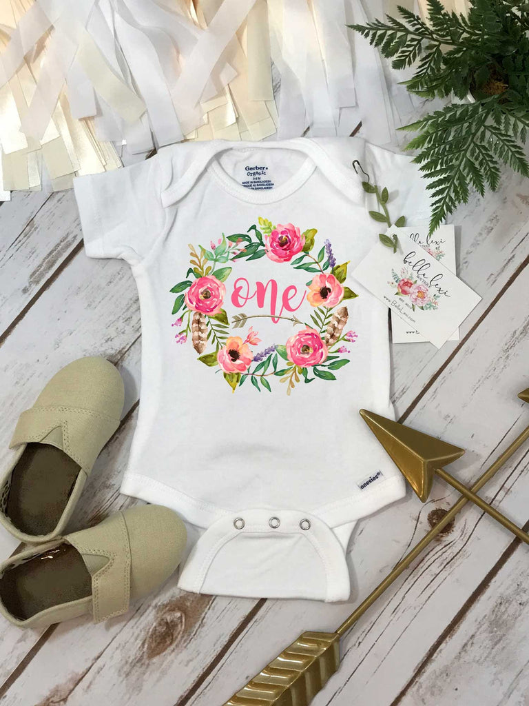 First Birthday Onesie®, Floral Wreath One, Baby Birthday shirt, Floral Birthday, Personalized Birthday, Birthday girl, Boho Birthday, Peach