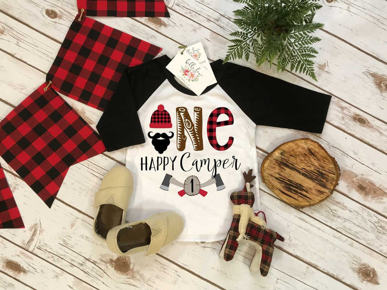 First Birthday Shirt, Lumberjack Birthday, 1st Birthday shirt, Buffalo Plaid Party, Lumberjack Party, ONE HAPPY CAMPER, Wild One Birthday