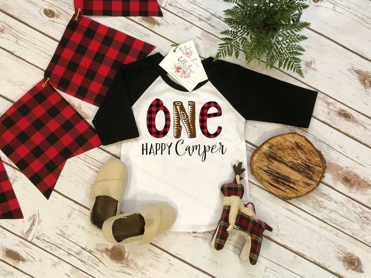 First Birthday Shirt, Lumberjack Birthday, 1st Birthday, Buffalo Plaid Party, Lumberjack Party, ONE HAPPY CAMPER, Wild One Birthday, Plaid