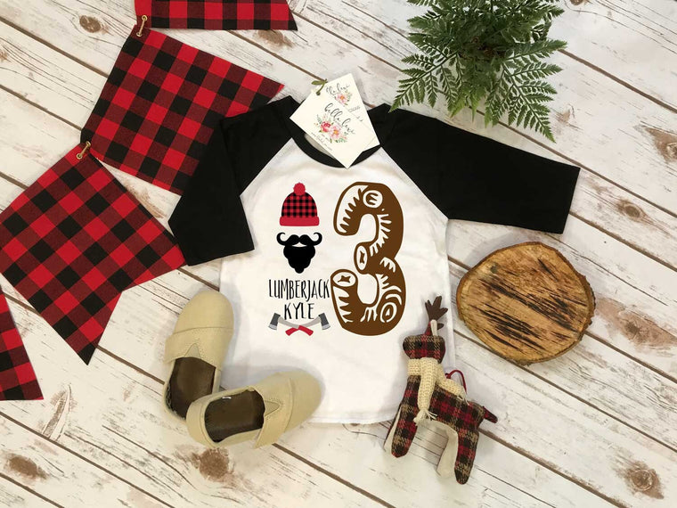 Lumberjack Birthday, 3rd Birthday Shirt, Third Birthday shirt, Buffalo Plaid Party, Lumberjacks and Flapjacks,PERSONALIZED RAGLAN,Lumberjack