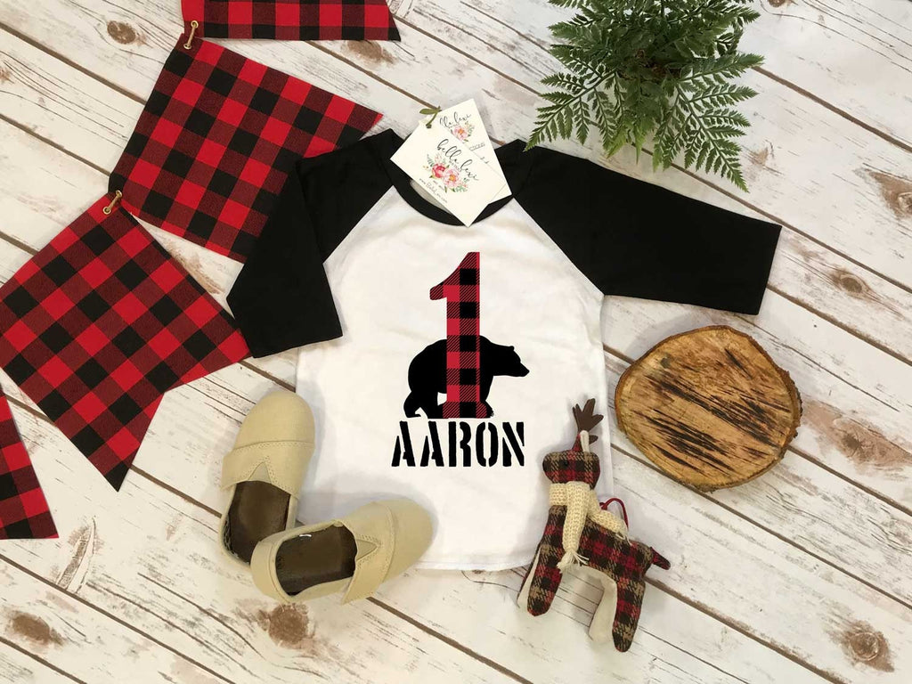 First Birthday Shirt, Lumberjack Birthday, Baby Boy Birthday shirt, Personalized Birthday Boy, Lumberjack Party, Buffalo Plaid Bear Shirt