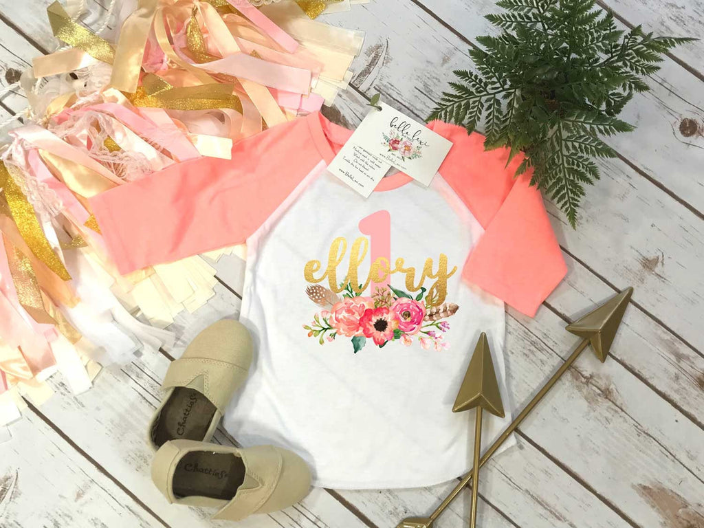 First Birthday Shirt, Floral Wreath One, Baby Birthday shirt, Custom Birthday, Personalized Birthday, Birthday girl, Boho Birthday, Peach