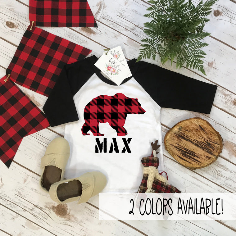 Personalized Boy Shirt, Lumberjack Shirt, Buffalo Plaid Bear, Custom Name Shirt, Lumberjack Party, Woodland Party,Baby Shower Gift,RED PLAID