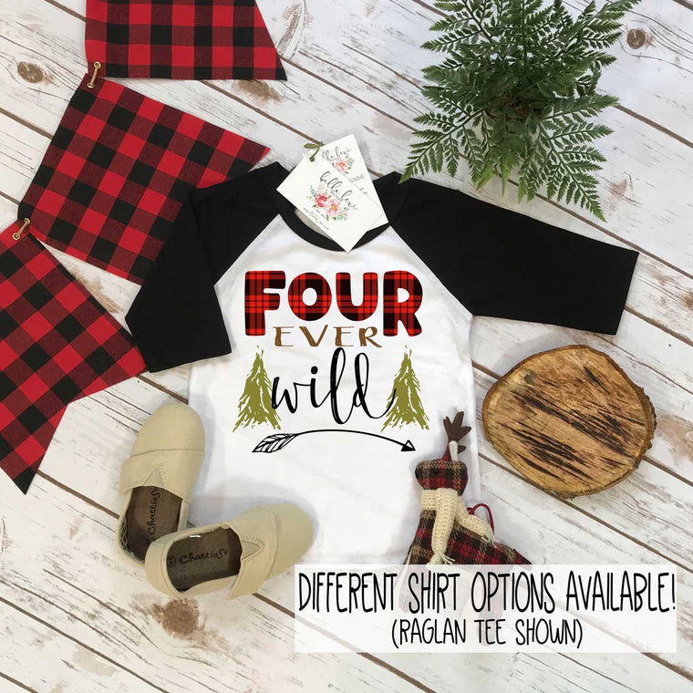 Fourth Birthday Shirt, Lumberjack Birthday, 4th Birthday shirt, Buffalo Plaid Party, Lumberjack Party, Woodland Party Set, Four Ever Wild