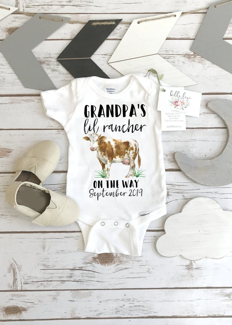 Farm Help on the Way, Pregnancy Announcement, Grandpa's Lil Rancher, Pregnancy Reveal, Cow Onesie®, Country Baby, Baby Reveal,Rancher Onesie