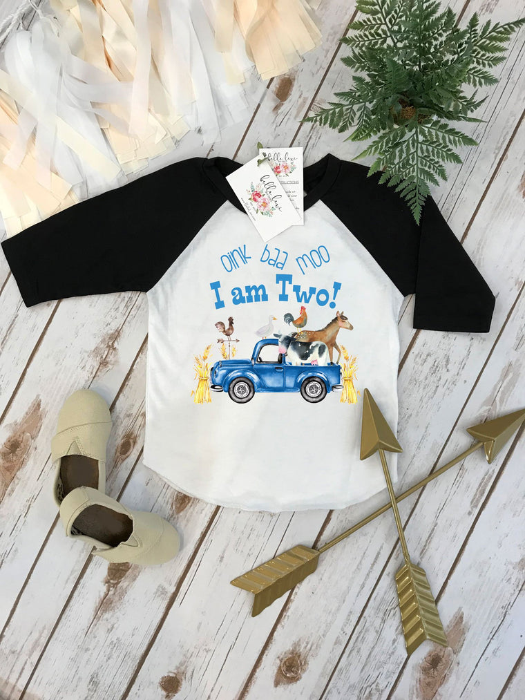 Oink Baa Moo I Am Two Shirt – 2nd Birthday Farm Theme – Blue Truck Party Tee for Boys - Little Truck Theme
