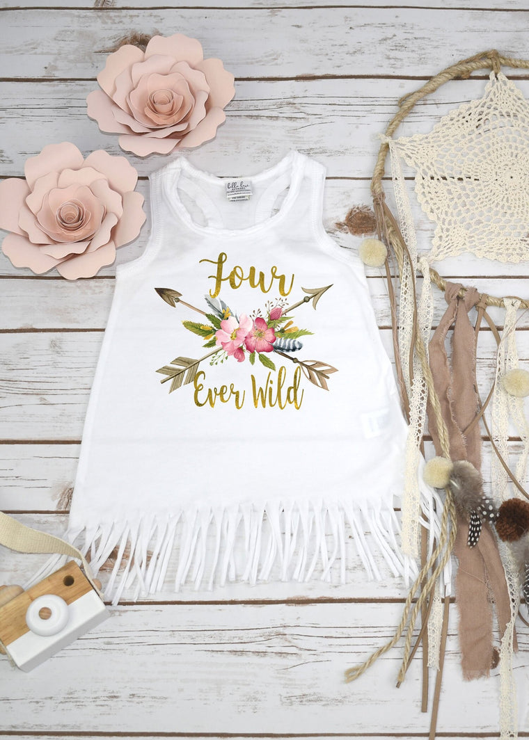 Fourth Birthday, Four Ever Wild, Girl Birthday Dress, 4th Birthday, Fringe Birthday Dress, Boho Birthday, Girl Birthday Shirt, For Ever Wild