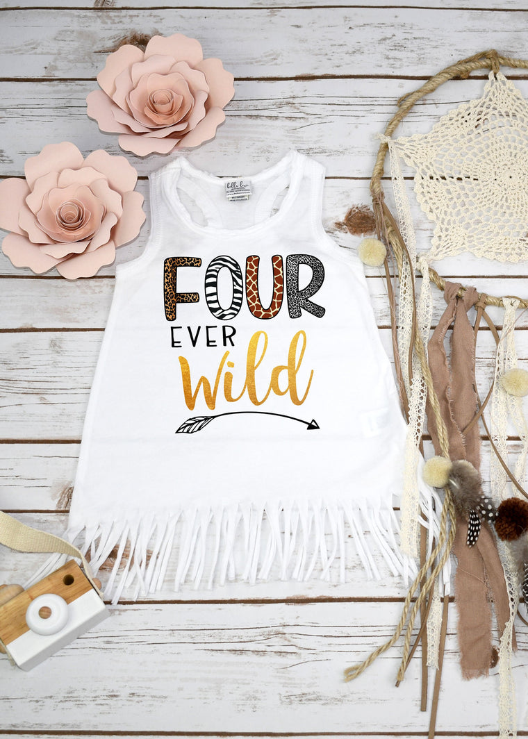 Fourth Birthday, Four Ever Wild, Girl Birthday Dress, 4th Birthday, Fringe Birthday Dress, Boho Birthday, Girl Birthday Shirt, For Ever Wild