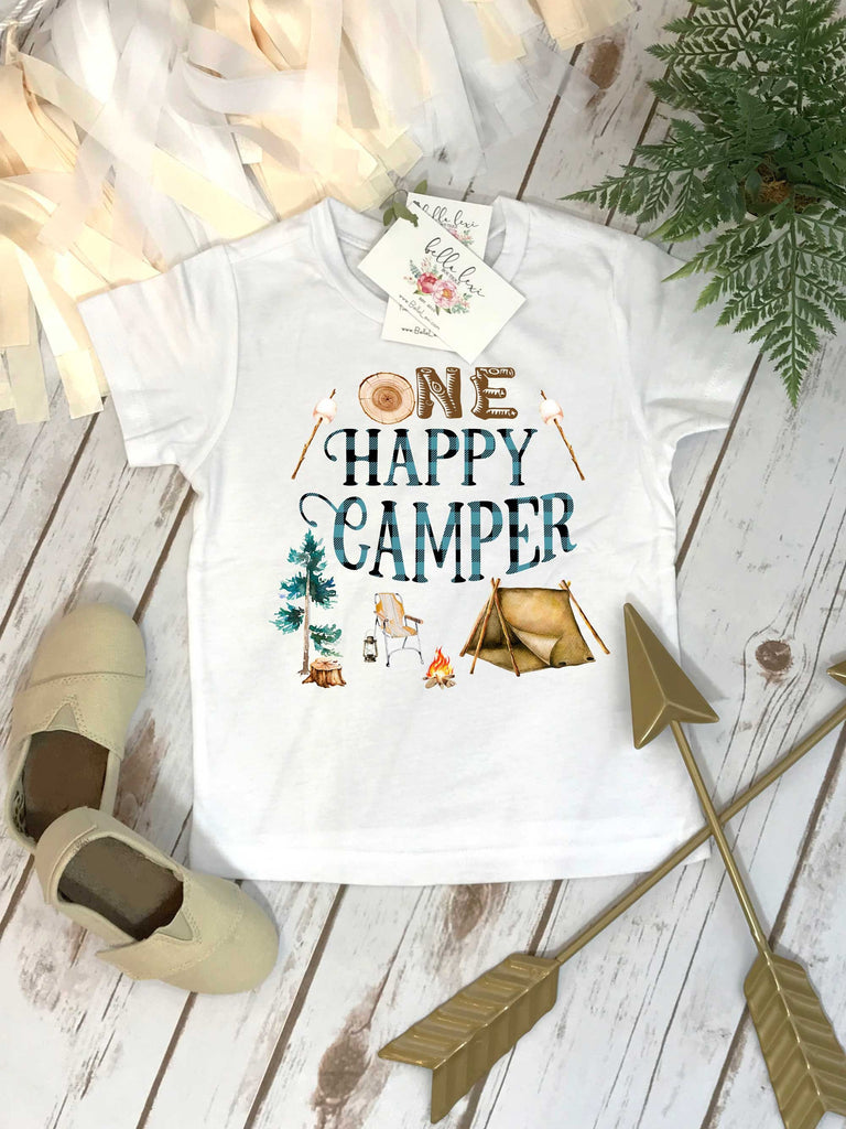 First Birthday Shirt, Camping Birthday, 1st Birthday, Buffalo Plaid Party, Lumberjack Party, ONE HAPPY CAMPER, Wild One Birthday, Camp Party