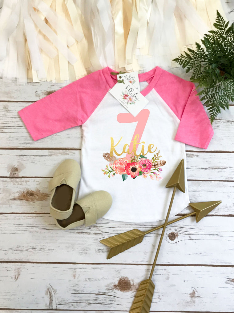 7th Birthday Shirt, Seventh Birthday Shirt, Baby Birthday shirt, Custom Birthday, Personalized Birthday, Birthday girl, Boho Birthday, Pink