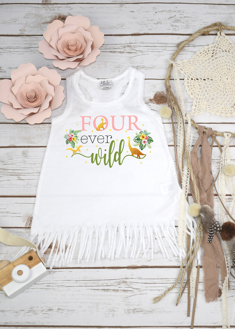 Fourth Birthday, Four Ever Wild, Girl Birthday Dress, 4th Birthday, Dinosaur Birthday, Boho Birthday, Girl Birthday Shirt, Tropical Birthday