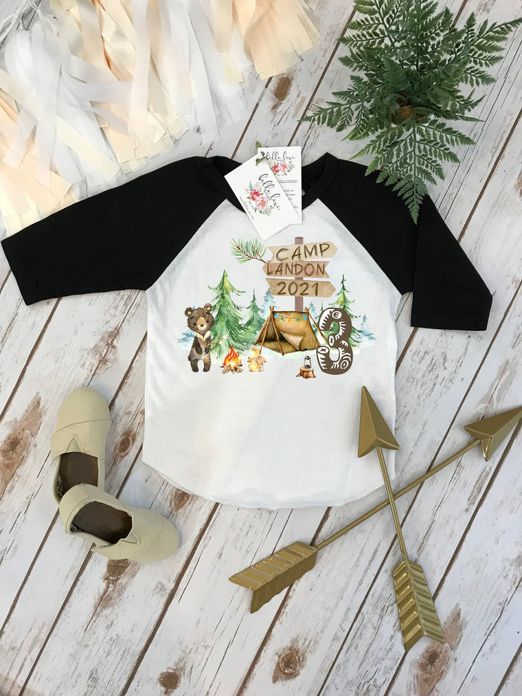 Third Birthday Shirt, Camping Birthday, 3rd Birthday, Camping Bear Party, Lumberjack Party, ONE HAPPY CAMPER, Wild One Birthday, Camp Party