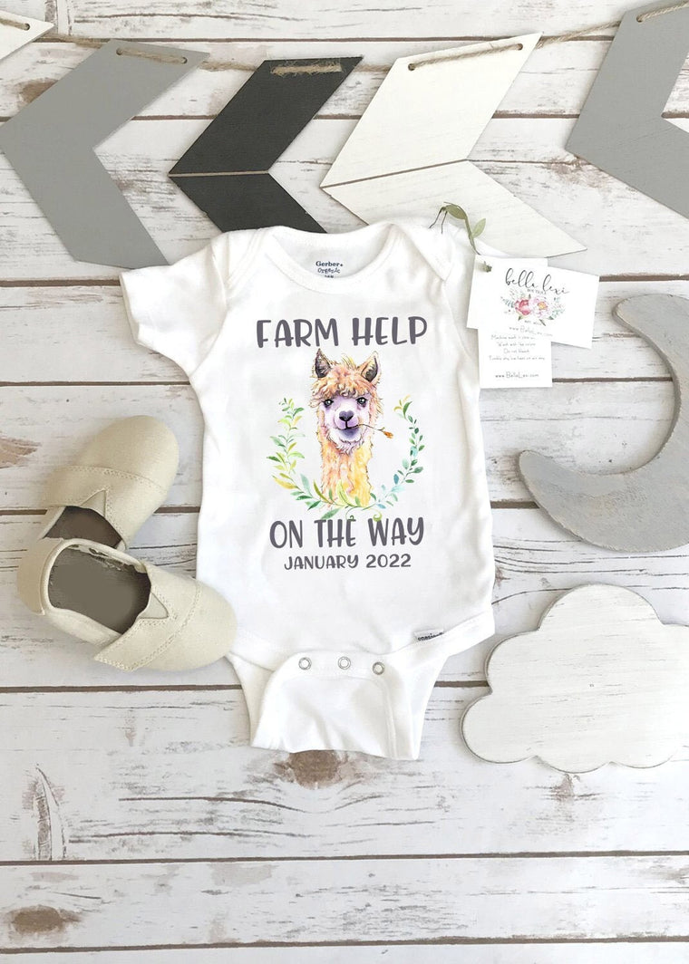 Farm Help on the Way, Pregnancy Announcement, Alpaca Farm, Pregnancy Reveal, Llama Onesie®, Country Baby, Ranch Help Coming, Tractor, Llama