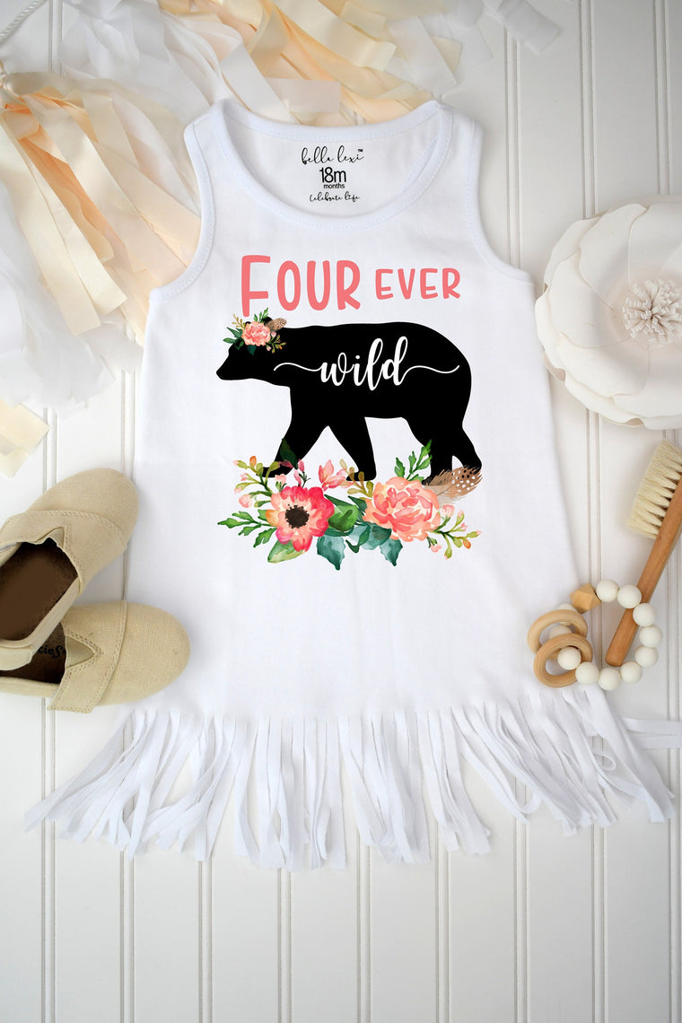 Fourth Birthday, Four Ever Wild, Girl Birthday Dress, 4th Birthday, Fringe Birthday Dress, Boho Birthday, Girl Birthday Shirt, For Ever Wild