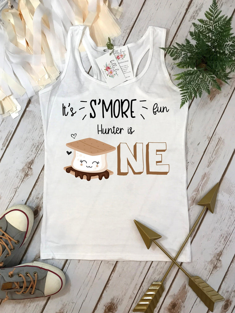 S'Mores Party, S'More Fun being ONE, Birthday Shirt, Camping Party, Camping Birthday, Happy Camper, Smores Theme, 2nd Birthday, Smores Theme