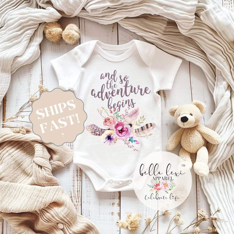 Pregnancy Reveal, And so the Adventure Begins, Baby Shower Gift, Baby Announcement, Boho Baby Clothes, Adventure shirt, Cute baby Gift,boho