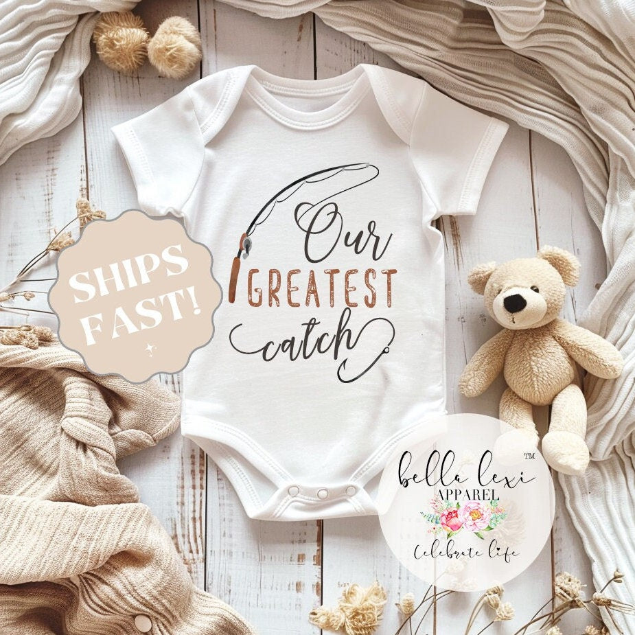 Pregnancy Reveal Onesie®, Our Greatest Catch Onesie, Fishing Baby Outfit, Baby Shower Gift, Baby Bodysuit Reveal, Cute Baby Announcement