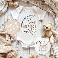 Fishing ONESIE®, Our greatest catch, Pregnancy Reveal, Fishing Baby shirt, Baby Announcement, Fishing Daddy shirt, Take Home Outfit, Newborn