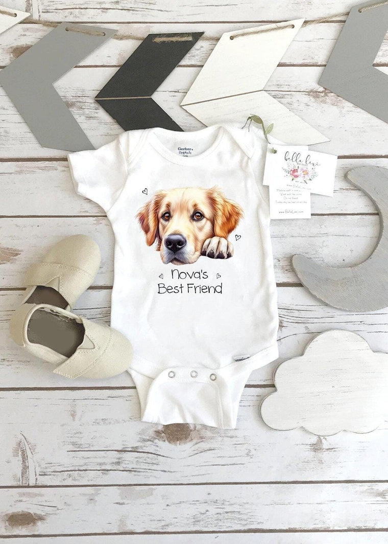 Golden Retriever, New Best Friend Onesie®, Protected By Dog Onesie, Personalized Dog Bodysuit, Dog Name Onesie, Baby Shower Gift, Newborn