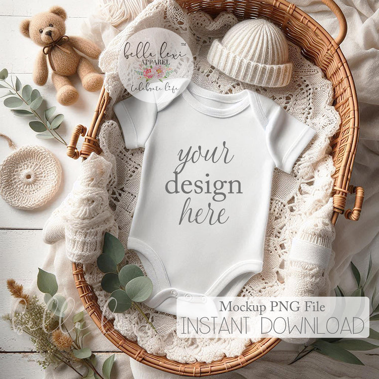Baby Bodysuit MOCKUP, Infant Apparel Display, White Short Sleeve Onesie, Flat-Lay Digital PNG, Newborn Photography Prop, Baby Mockup Photo