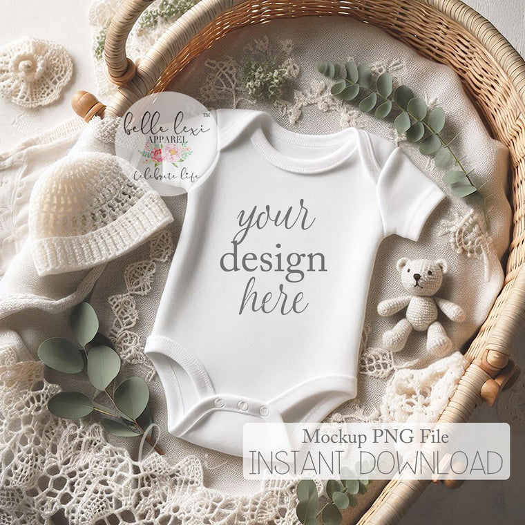 Baby Bodysuit Mockup, Infant Apparel Display, White Short Sleeve Onesie, Flat-Lay Digital PNG, Newborn Photography Prop, Baby Mockup Photo