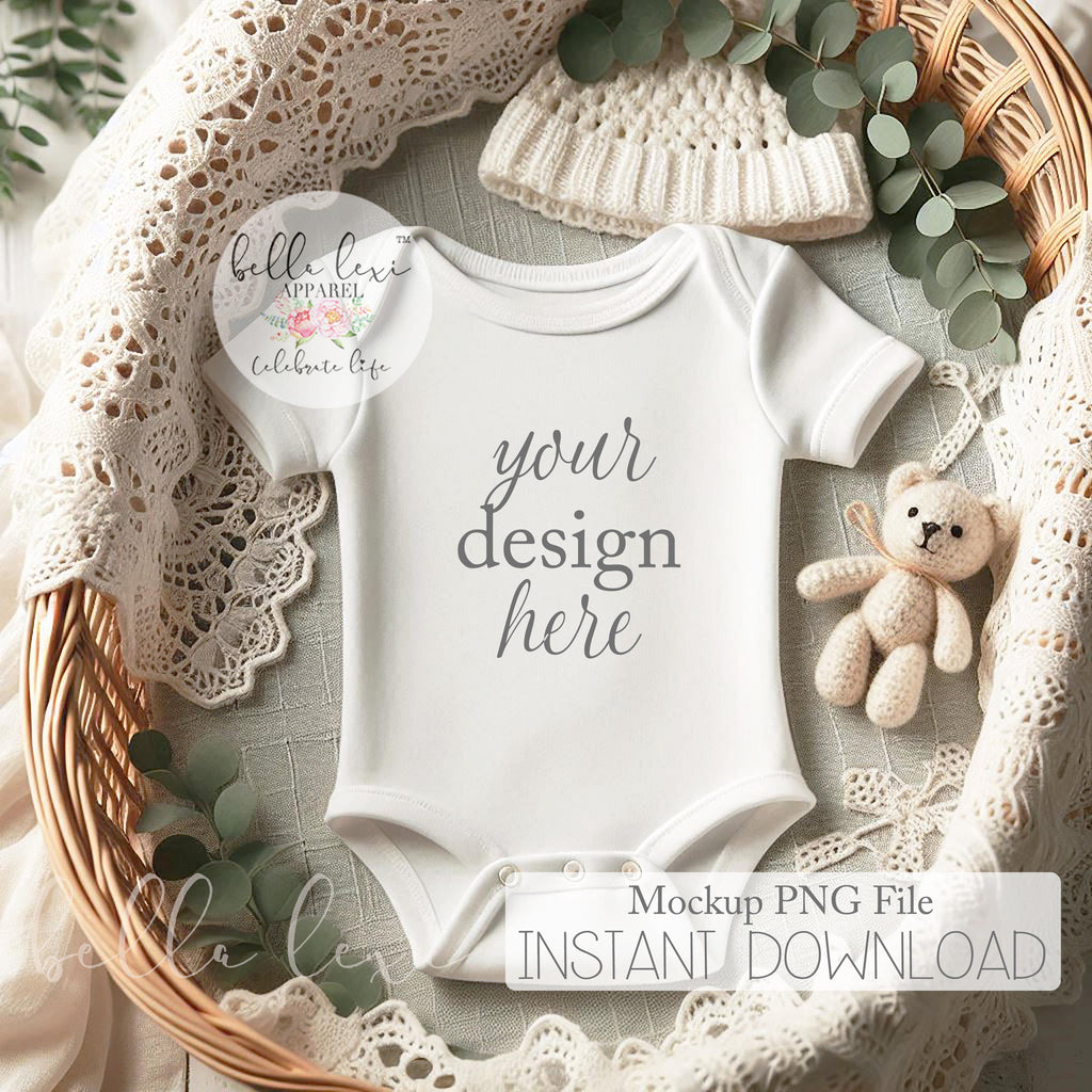Baby Bodysuit Mockup, Infant Apparel Display, White Short Sleeve Onesie, Flat-Lay Digital PNG, Newborn Photography Prop, Baby Mockup Photo