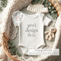 Baby Bodysuit Mockup, Infant Apparel Display, White Short Sleeve Onesie, Flat-Lay Digital PNG, Newborn Photography Prop, Baby Mockup Photo