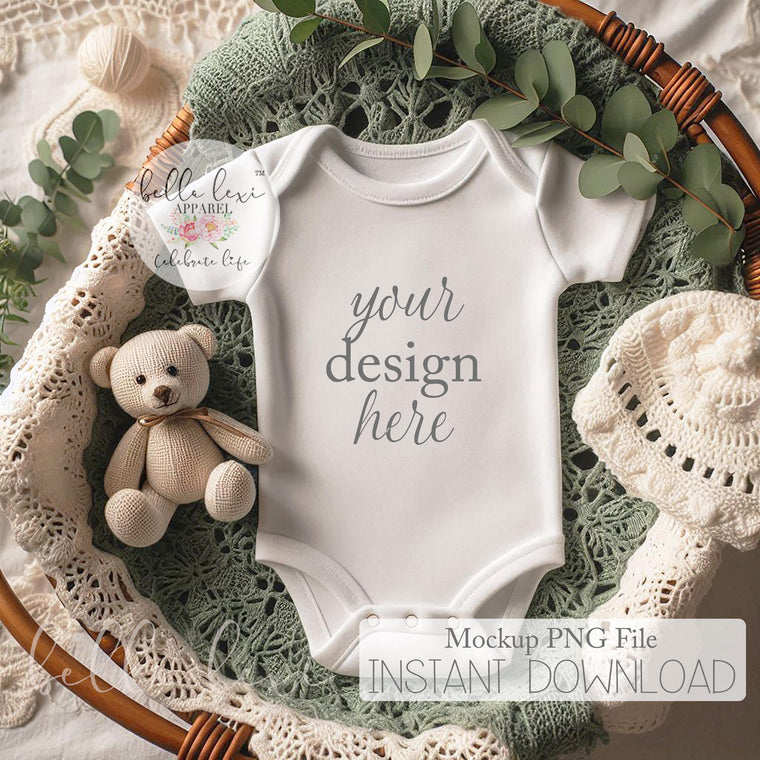 Baby Mockup Photo, Baby Bodysuit Mockup, Infant Apparel Display, White Short Sleeve Onesie, Flat-Lay Digital PNG, Newborn Photography Prop,