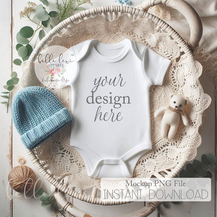 Baby Mockup Photo, Baby Bodysuit Mockup, Infant Apparel Display, White Short Sleeve Onesie, Flat-Lay Digital PNG, Newborn Photography Prop,
