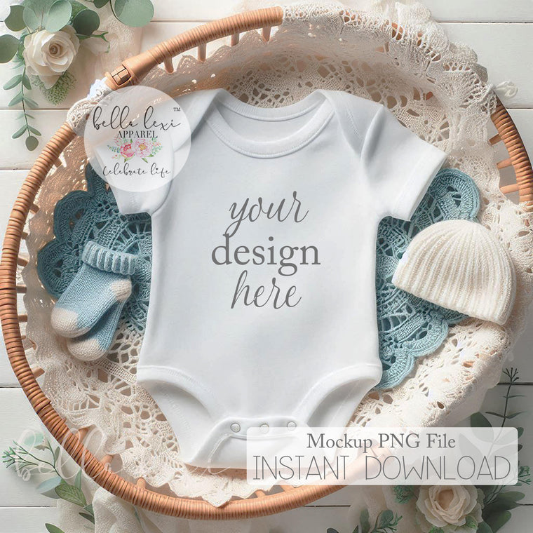 Baby Boy Mockup Photo, Baby Bodysuit Mockup, Infant Apparel Display, White Short Sleeve Onesie, Flat-Lay Digital PNG, Newborn Photography,