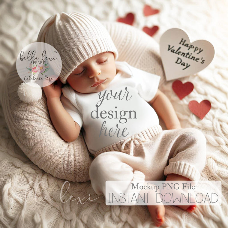 Baby Mockup Photo, Baby Bodysuit Mockup, Valentine's Day Mockup, White Short Sleeve Onesie, Flat-Lay Digital PNG, Newborn Photography Prop,