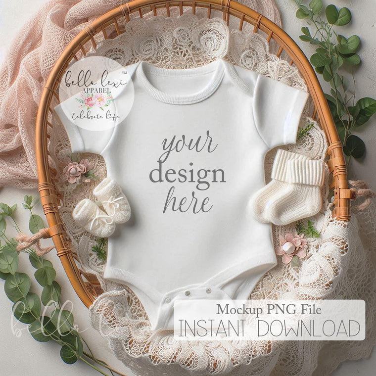 Baby Bodysuit Mockup, Baby Girl Mockup Photo, Infant Apparel Display, White Short Sleeve Onesie, Flat-Lay Digital PNG, Newborn Photography,