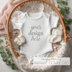 Baby Bodysuit Mockup, Baby Girl Mockup Photo, Infant Apparel Display, White Short Sleeve Onesie, Flat-Lay Digital PNG, Newborn Photography,