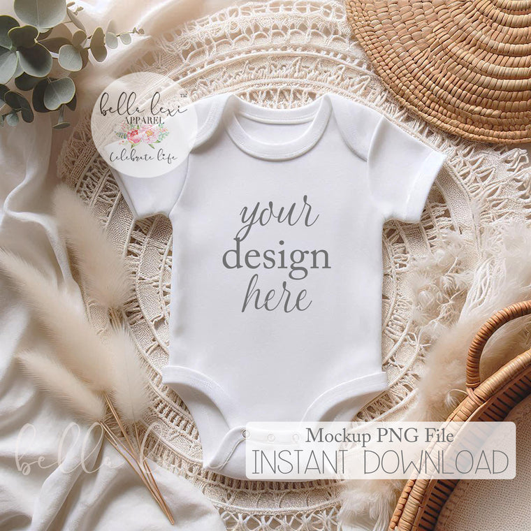 Baby Mockup Photo, Baby Bodysuit Mockup, Infant Apparel Display, White Short Sleeve Onesie, Flat-Lay Digital PNG, Newborn Photography Prop,