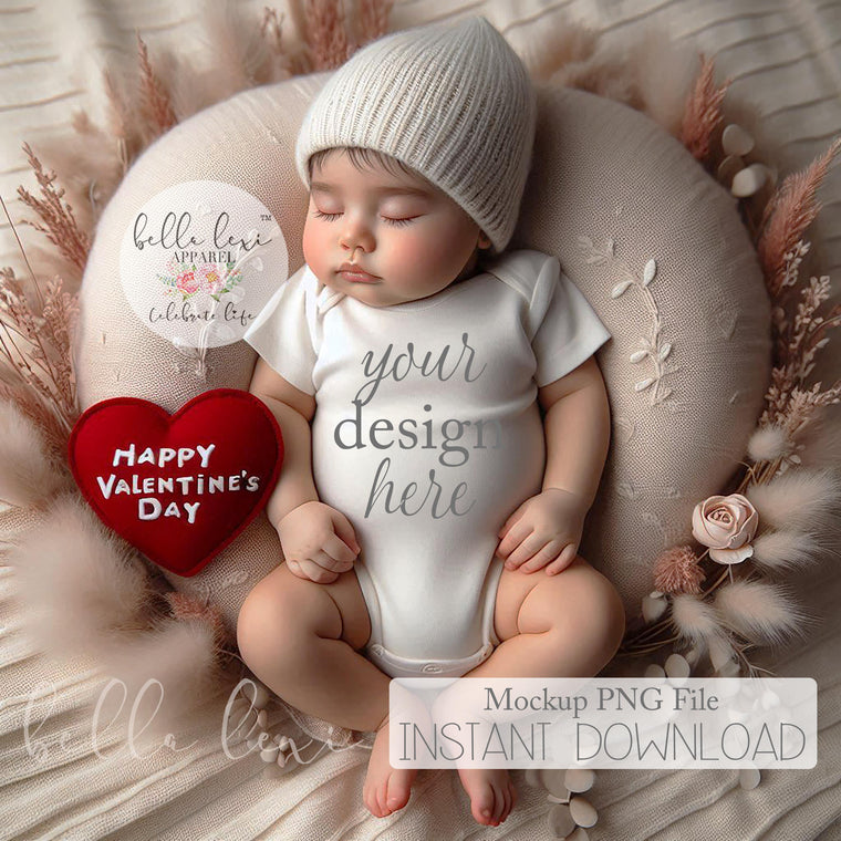 Baby Mockup Photo, Baby Bodysuit Mockup, Valentine's Day Mockup, White Short Sleeve Onesie, Flat-Lay Digital PNG, Newborn Photography Prop,