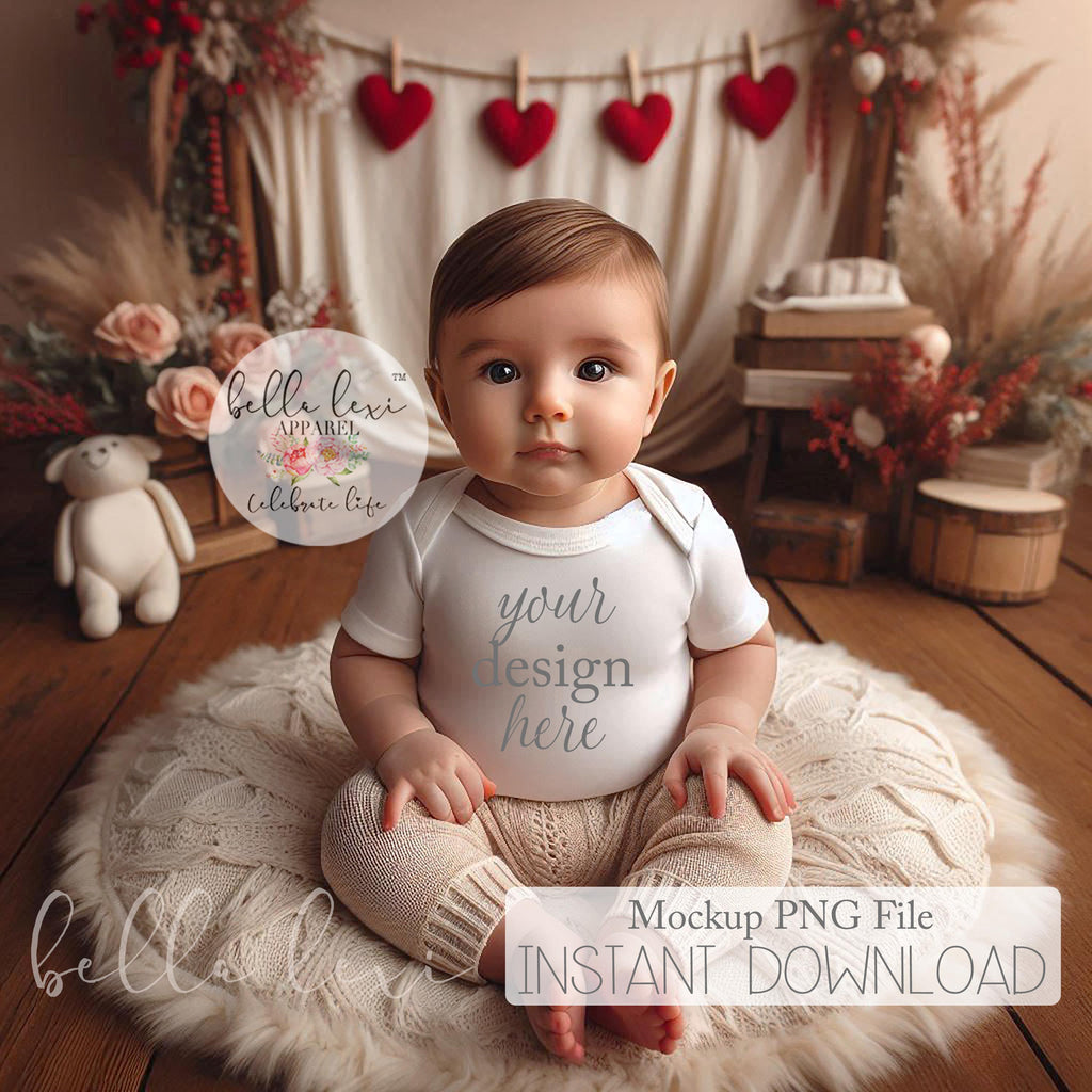 Baby Mockup Photo, Baby Bodysuit Mockup, Valentine's Day Mockup, White Short Sleeve Onesie, Flat-Lay Digital PNG, Newborn Photography Prop,