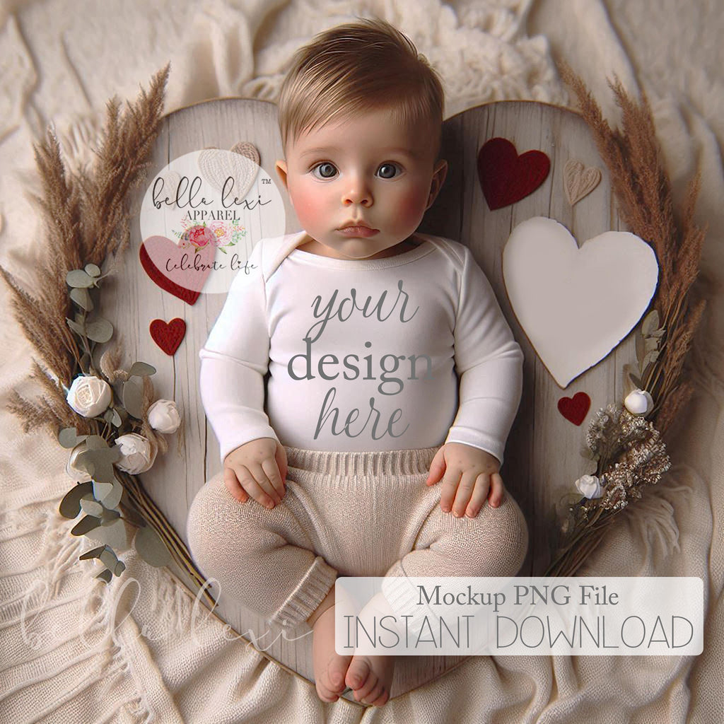 Baby Mockup Photo, Baby Bodysuit Mockup, Valentine's Day Mockup, White Short Sleeve Onesie, Flat-Lay Digital PNG, Newborn Photography Prop,