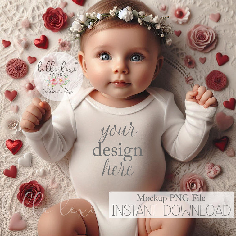 Baby Bodysuit Mockup, Baby Mockup Photo, Valentine's Day Mockup, White Long Sleeve Onesie, Flat-Lay Digital PNG, Newborn Photography Prop,
