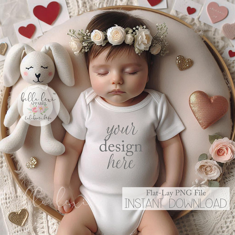 Valentine's Day Mockup, Baby Bodysuit Mockup, Baby Mockup Photo, White Long Sleeve Onesie, Flat-Lay Digital PNG, Newborn Photography Prop,