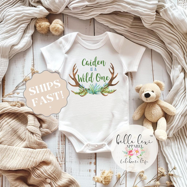 Personalized Wild One First Birthday Outfit – Custom Name Baby Onesie – Boho Antler 1st Birthday Bodysuit – Rustic Baby Shower Gift