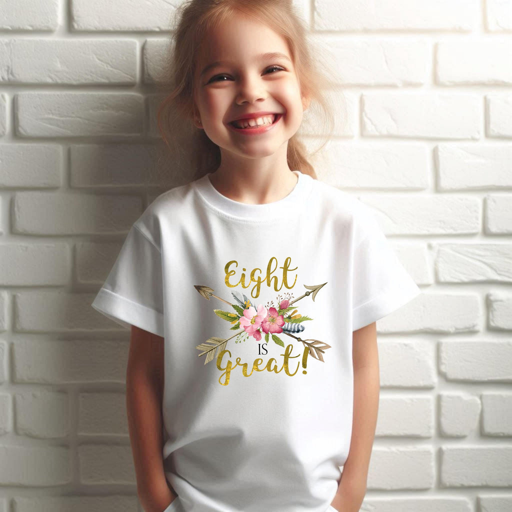 Eighth Birthday Shirt – Eight is Great, Boho Girl's 8th Birthday Shirt, Floral Design, 8-Year-Old Birthday Outfit, Gift for Girls