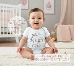 Baby Bodysuit Mockup with Baby, Short Sleeve Onesie Flat Lay, Realistic Baby Girl Outfit Mockup, Lifestyle Baby Mockup, Baby Onesie Mockup