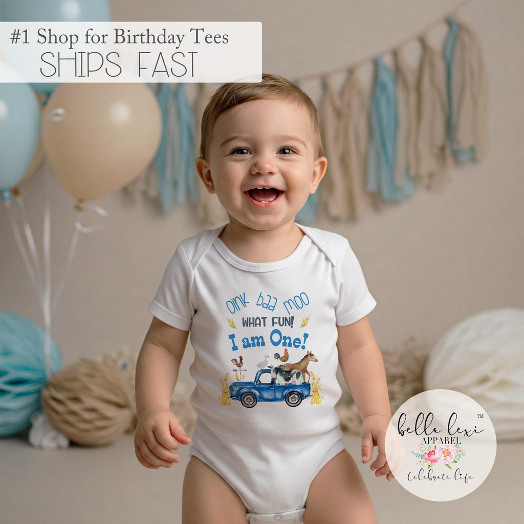 First Birthday, Oink Baa Moo, Farm Birthday, Oink Moo Turning ONE, 1st Birthday, Blue Truck Party, Farm Party Theme, Boy Birthday SHIRT, Zoo