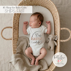 Fishing ONESIE®, Our greatest catch, Pregnancy Reveal, Fishing Baby shirt, Baby Announcement, Fishing Daddy shirt, Take Home Outfit, Newborn