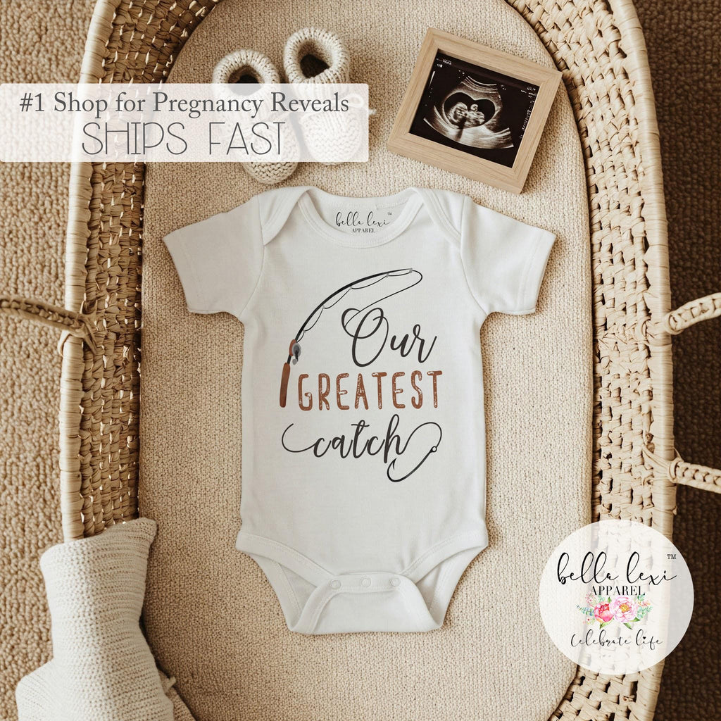 Pregnancy Reveal Onesie®, Our Greatest Catch Onesie, Fishing Baby Outfit, Baby Shower Gift, Baby Bodysuit Reveal, Cute Baby Announcement